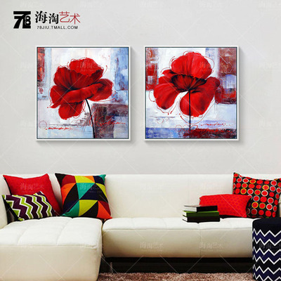 三拼组合花卉装饰油画高档现代简约立体沙发背景墙画手绘工艺手绘