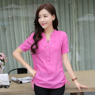 2016夏季新款韩版女士短袖衬衣潮宽松休闲套头立领棉麻修身T恤
