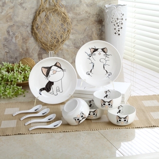 创意可爱韩式起司猫卡通陶瓷餐具14头家用骨瓷筷饭碗圆盘套装礼品