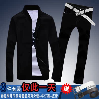 春秋季新款男式韩版修身牛仔夹克外套男青年学生牛仔长裤子潮套装