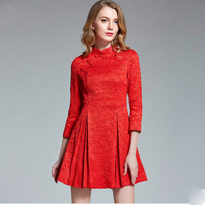 2016秋装新款中式小立领敬酒服提花大红色礼服裙回门装修身连衣裙