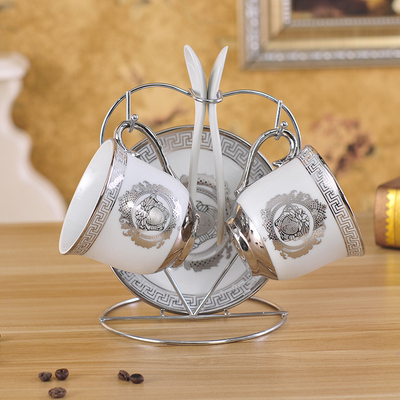 欧式咖啡杯套装带勺子2只装送杯架咖啡套具家用陶瓷水杯子马克杯