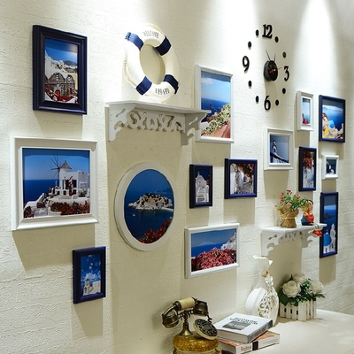 木质照片墙地中海 欧式客厅带钟表挂饰创意相框组合 欧美相片墙