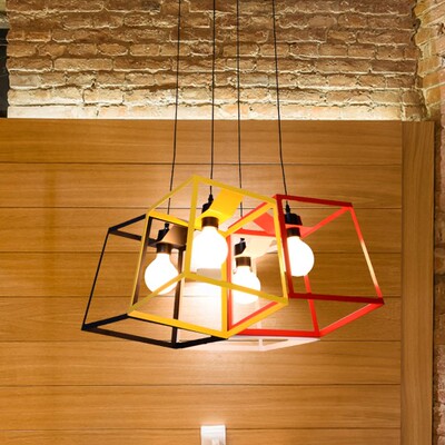 意大利铁艺鸟笼吊灯方形框架灯个性酒吧台咖啡厅网咖装饰几何吊灯