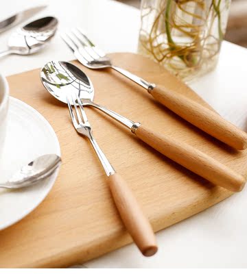 牛排刀叉勺餐具套装  西餐日式木柄勺子家用可爱木柄筷叉子水果叉