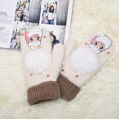 韩版女针织毛线兔毛球秋冬季可爱学生全指加厚保暖手套生日礼物