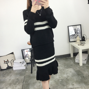 2016秋冬女装韩版时尚套头毛衣套装半身裙子女秋装针织衫两件套潮