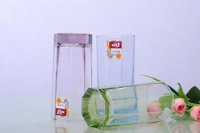 青苹果彩色八角玻璃杯直身水杯饮料泡茶果汁透明家用花茶杯包邮