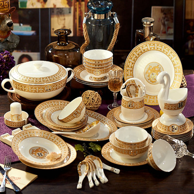 景德镇陶瓷器餐具套装 欧式金边骨瓷碗盘 60头爱马仕家居礼品包邮