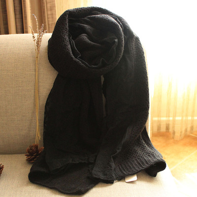 秋冬季韩版女白色羊毛羊绒围巾蕾丝黑色加厚纯色红色保暖长款毛线