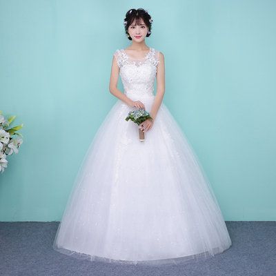 2016冬新款一字肩韩式齐地结婚婚纱礼服新娘蕾丝大码显瘦双肩婚纱