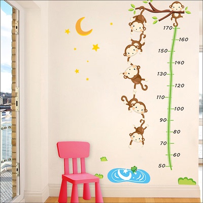 儿童卡通测量身高墙贴可移除贴画幼儿园装饰墙壁贴纸猴子捞月自粘