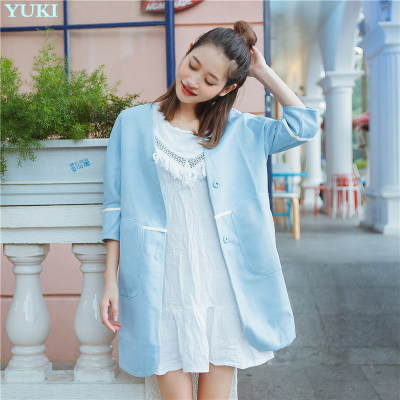 YUKI2016秋冬新款韩国定制气质麂皮绒七分袖女式风衣外套中长款