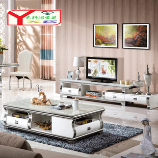 现代不锈钢烤漆客厅茶几组合可伸缩大理石茶几电视柜组合地柜简约