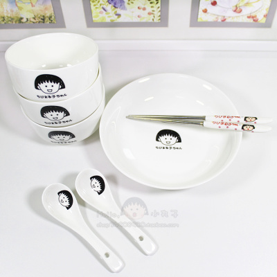 可爱卡通樱桃小丸子骨瓷餐具饭碗勺子盘子筷子日式陶瓷餐具