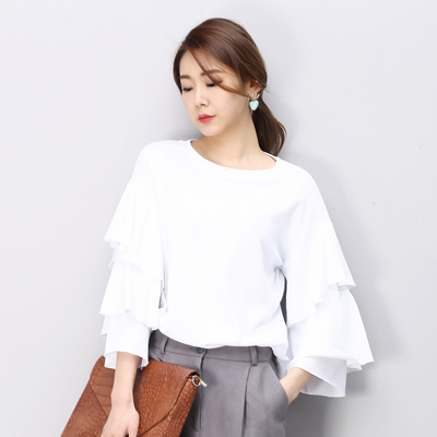 2016春季新款 韩版中袖T恤女圆领直筒白黑两色T恤全棉百搭上衣