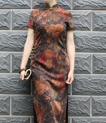 bxj原创设计*天域之海/重磅真丝绢纺香云纱中式优雅长旗袍新款