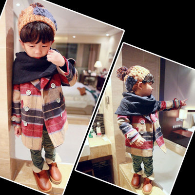 2016冬季新款童装男童韩版时尚保暖加厚格子呢子大衣儿童外套潮