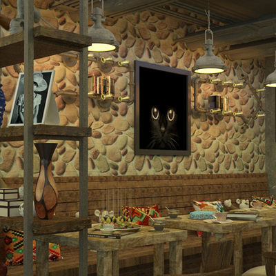 中式3D立体仿古石头墙纸鹅卵石壁纸 餐厅书房饭店茶楼走道背景墙