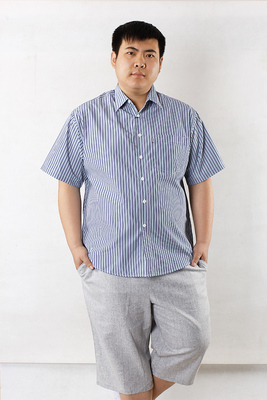 2016夏季新款潮男胖子加肥加大号大码短袖纯棉条纹格子休闲衬衫