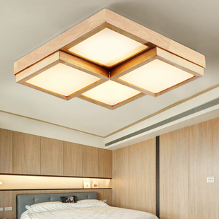 日式实木正方形吸顶灯卧室简约现代原木大气客厅书房宜家木艺灯具