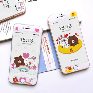 可爱line布朗熊可妮兔iPhone6s卡通彩膜钢化膜7Plus防爆手机贴膜