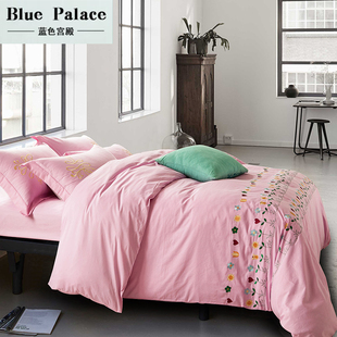 简约纯色绣花纯棉四件套1.5m1.8m床 全棉床单4件套被套床上用品