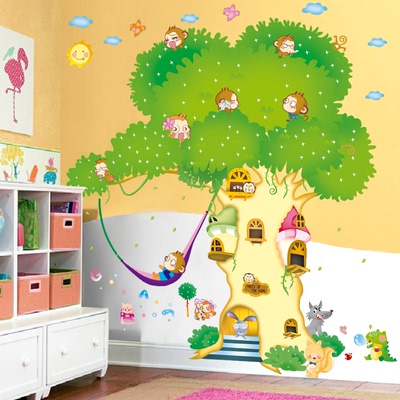 超大可移除卡通树屋墙贴画儿童房间男孩女孩卧室装饰可爱墙壁贴纸
