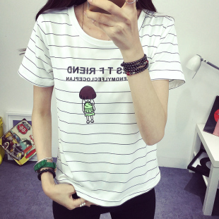 12-13-14-15-16-18岁女孩夏季初中学生韩版卡通条纹短袖T恤女夏装