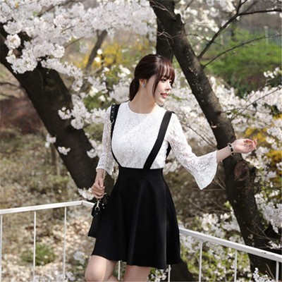 2016新款学院风黑白套装裙清纯女装蕾丝两件套韩版背带连衣裙短裙