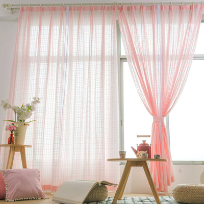定制做田园粉红色暗格子棉纱布客厅卧室儿童房间环保公主窗帘成品