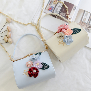 包包2017新款时尚日韩珍珠花朵包甜美淑女风链条斜挎手提迷你小包