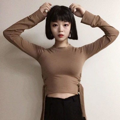 秋装新款韩国侧边绑带修身短款纯色打底长袖T恤女