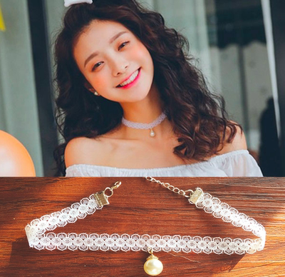 韩国代购同款蕾丝锁骨链女饰品白色花边珍珠项链原宿复古简约朋克