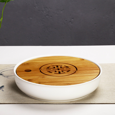 古色古香中式陶瓷亚光釉竹制圆形镂空雕刻小号储水茶盘茶具配件