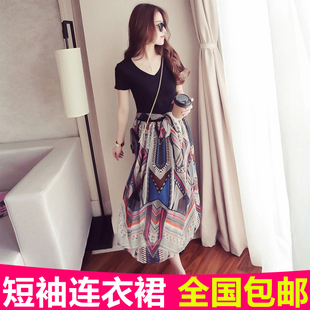 2016夏季新款韩版女装V领短袖印花雪纺连衣裙显瘦中长款瘦腰长腰