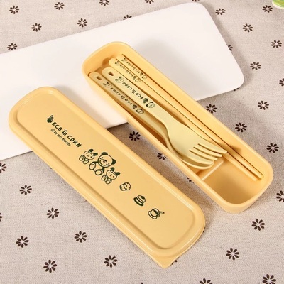 韩国进口 玉米纤维儿童餐具套装 勺子 叉子 筷子 玉米便携盒