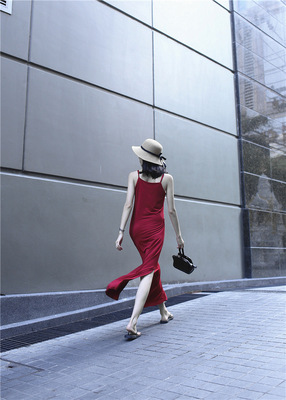 DR.AZHU同款独家定制2015年夏法式复古vintage风吊带开衩暗红色裙