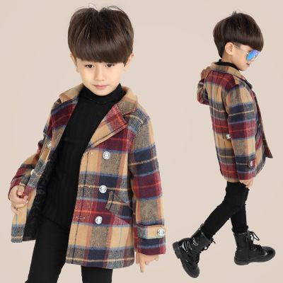 男童2016新款双层绒加棉呢料格子韩版潮开衫外衣外套3-4-5-6-7岁