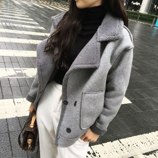 2016秋冬 自制款韩版羊羔毛大翻领灰色短外套拼接保暖外套