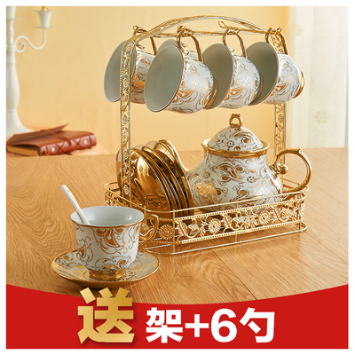 欧式陶瓷咖啡杯套装 红茶杯水杯6件套茶具杯碟勺茶壶送架子礼品装