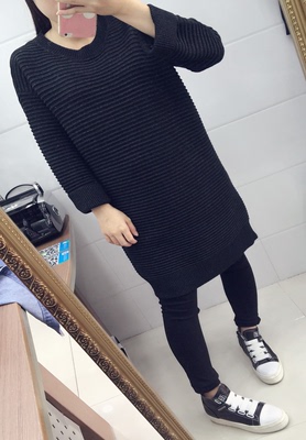 韩国正品秋冬季重工条纹修身百搭潮流女套头针织中长款毛衣衫