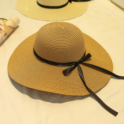 遮阳帽女防嗮沙滩帽大沿帽子蝴蝶结大檐草帽可折叠海边太阳帽夏天