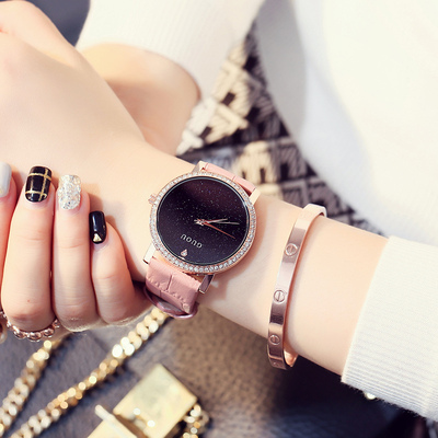香港手表女水钻星空时尚款潮流石英表超薄防水皮带时装女士手表
