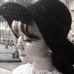 2016韩版时尚秋冬季女士羊毛呢帽子网纱蕾丝复古大檐帽黑色礼帽女