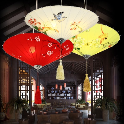 中式古典布艺吊灯手绘画伞形灯茶楼会所过道简约创意个性客厅灯具