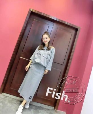 2016新款FISH秋款韩版字母卫衣加口袋开叉半身裙休闲女二件套套装