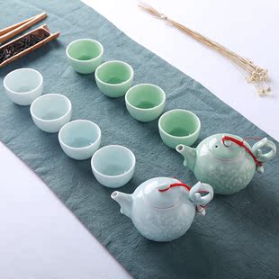 龙泉青瓷功夫茶具套装四合一陶瓷茶杯茶壶套装整套茶具浮雕影青瓷