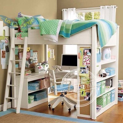 乐居天使儿童创意实木床高架床上下床多功能带书桌书柜大储存特价