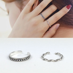 韩国明星同款S925纯银开口戒仿古复古泰银素银戒指环时尚闺蜜礼物